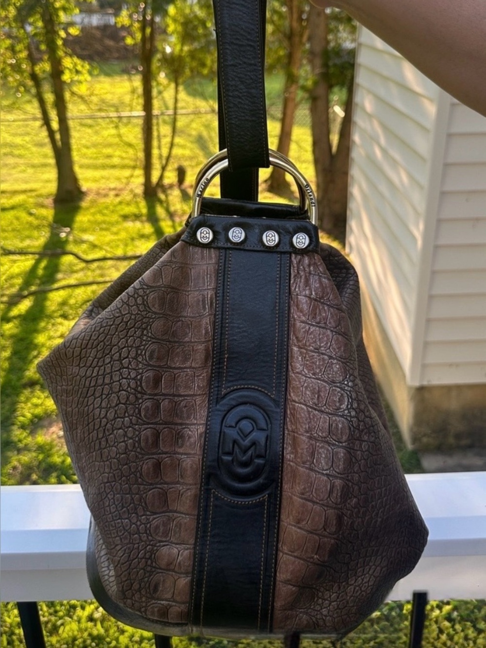Marino Orlandi Brown and Black Croc-Embossed Leather Shoulder Bag